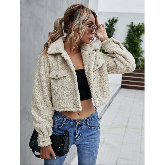 NWT Vintage American Threads Womens Biege Snap Front Cropped Teddy Jacket Large - Picture 1 of 9